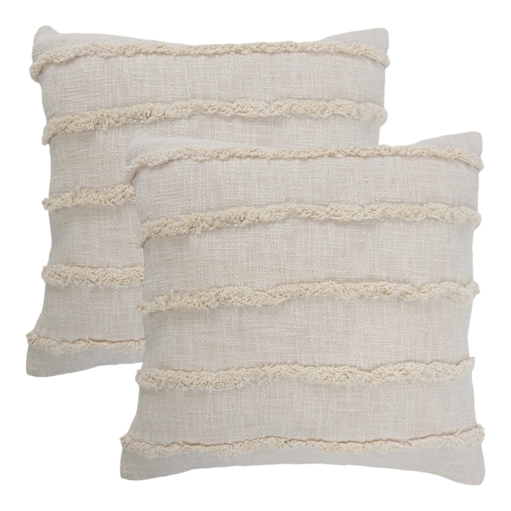 Beige Ribbed Cotton Pillows with Fringe - Set of 2