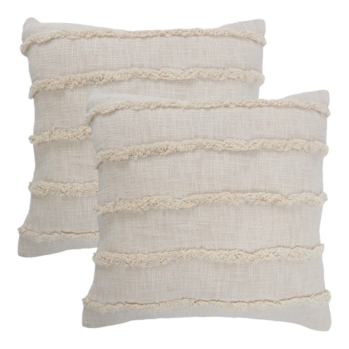 Beige Ribbed Cotton Pillows with Fringe - Set of 2