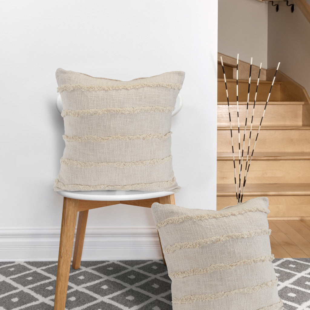 Beige Ribbed Cotton Pillows with Fringe - Set of 2