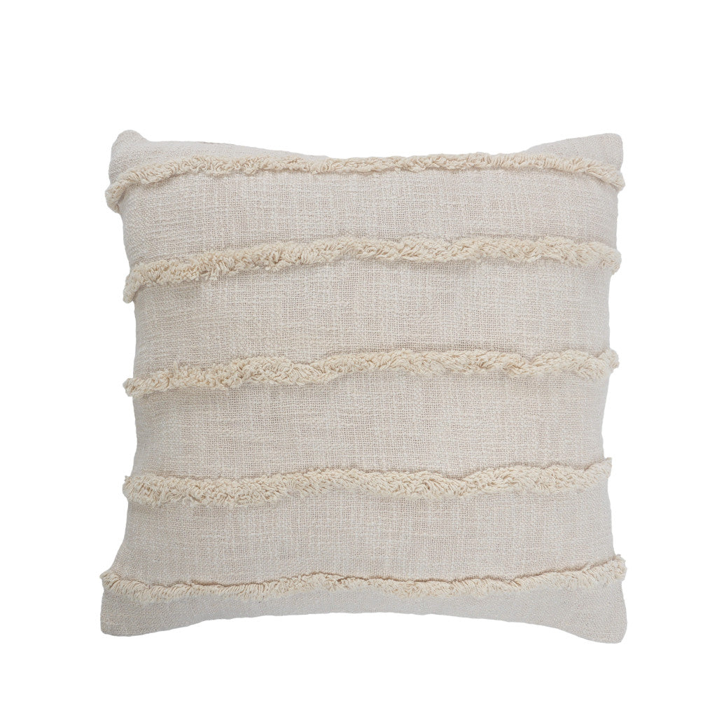Beige Ribbed Cotton Pillows with Fringe - Set of 2