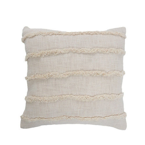 Beige Ribbed Cotton Pillows with Fringe - Set of 2