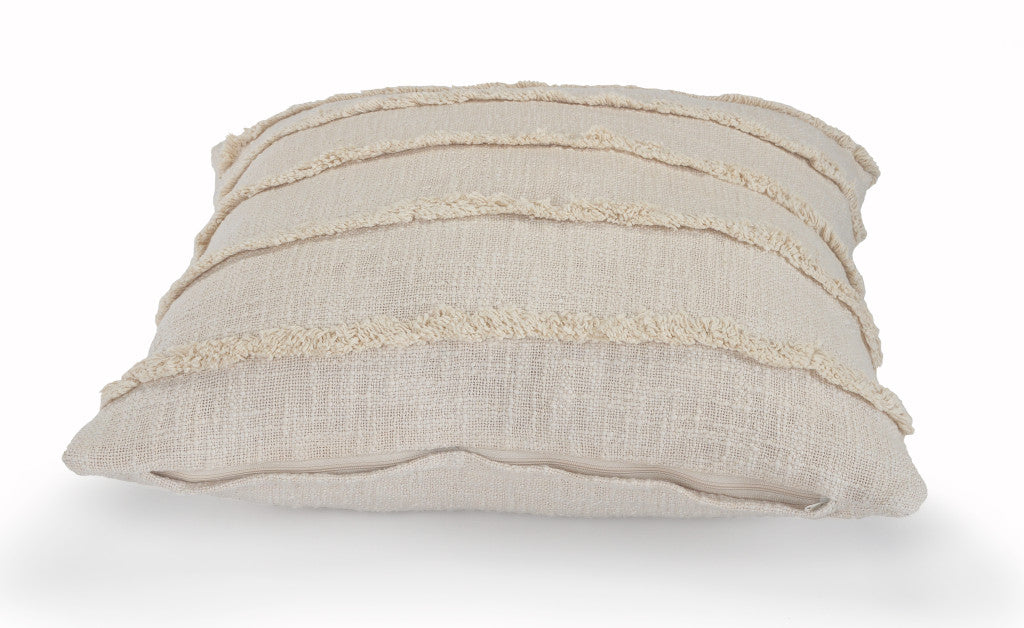 Beige Ribbed Cotton Pillows with Fringe - Set of 2