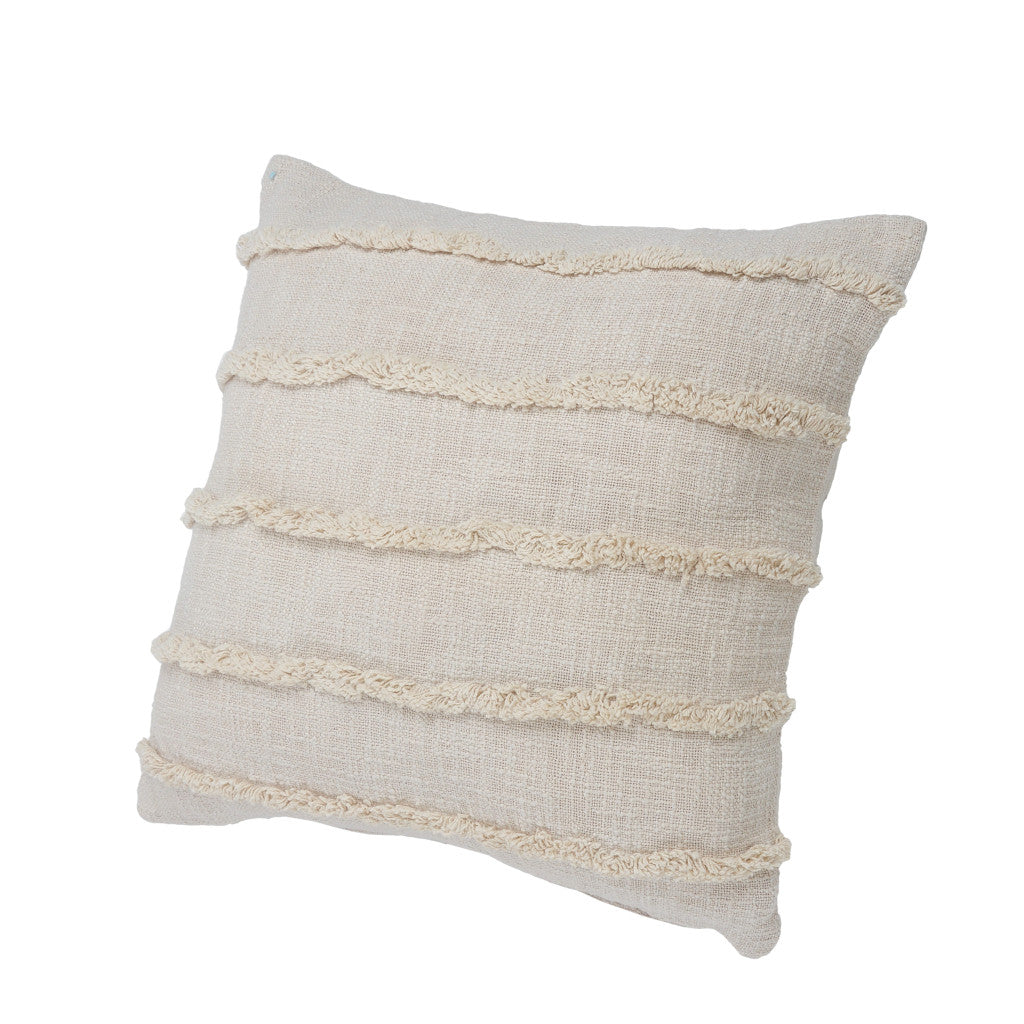 Beige Ribbed Cotton Pillows with Fringe - Set of 2