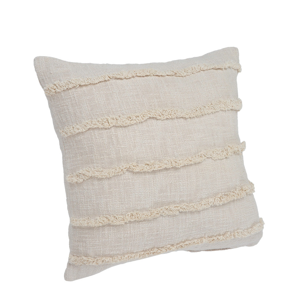 Beige Ribbed Cotton Pillows with Fringe - Set of 2
