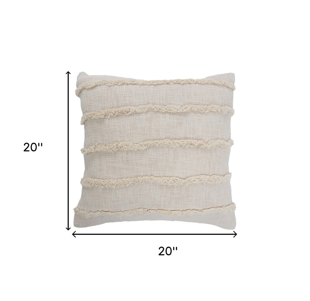 Beige Ribbed Cotton Pillows with Fringe - Set of 2