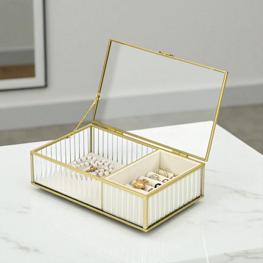 Gold Glass Two-Section Jewelry Box - 10 in
