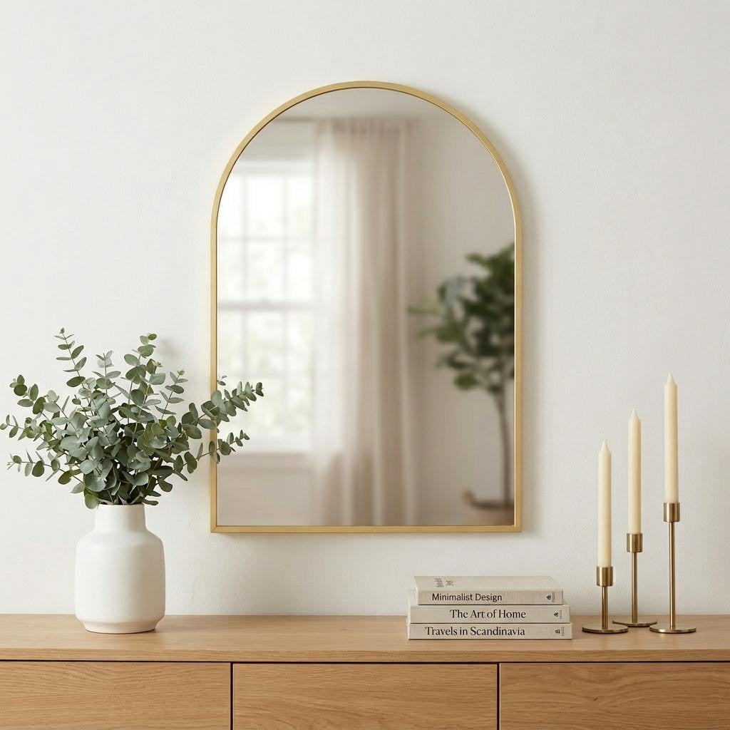 Arched brass mirror above an oak console